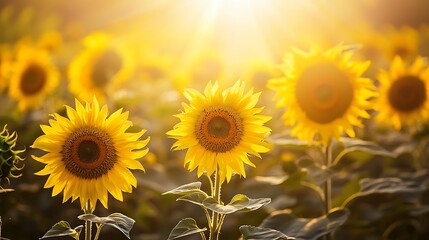 Obraz premium Vibrant sunflowers in a field at sunset.