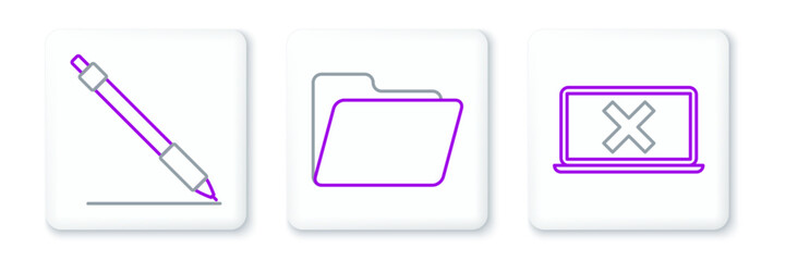 Obraz premium Set line Laptop and cross mark on screen, Pen line and Document folder icon. Vector