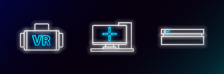 Set line Video game console, Virtual reality glasses and Computer monitor icon. Glowing neon. Vector © Oksana