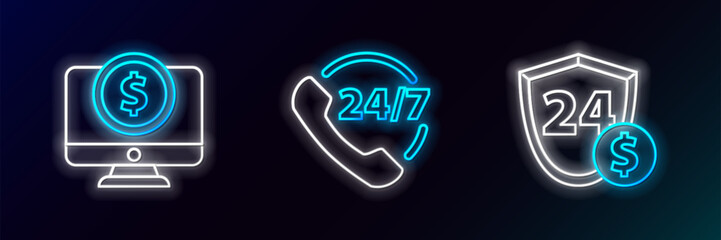 Set line Shield with dollar, Computer monitor and Telephone 24 hours support icon. Glowing neon. Vector