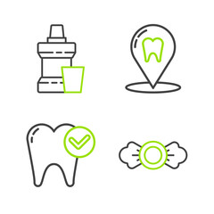 Set line Candy, Tooth whitening concept, Dental clinic location and Mouthwash plastic bottle icon. Vector