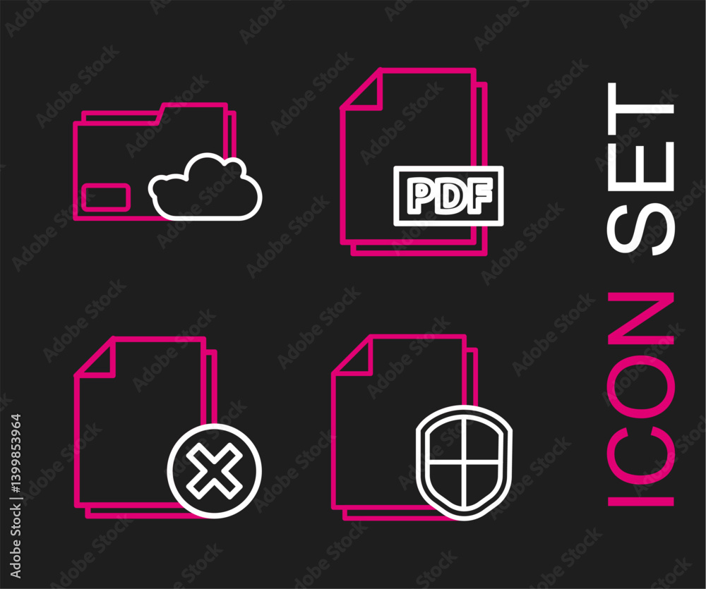 Poster set line document protection concept, delete file document, pdf and cloud storage text folder icon. 