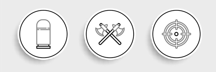 Set line Target sport, Cartridges and Crossed medieval axes icon. Vector
