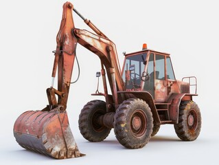 An aged, rusty excavator, with bucket, arm, and wheels. It is standing on a white surface