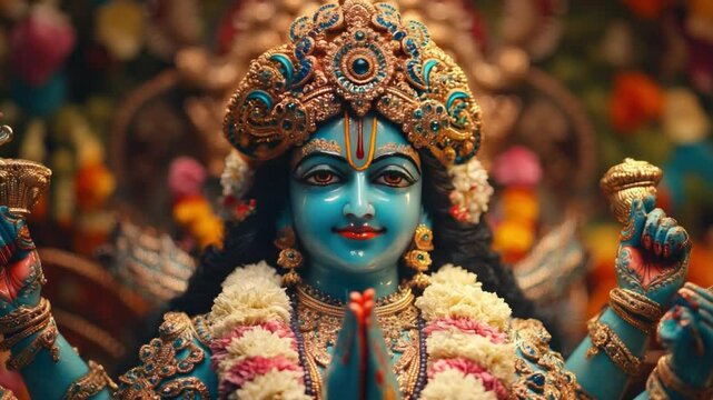 Exquisite Blue Statuesque Hindu Deity Adorned with Ornate Jewelry and Colorful Floral Decorations in a Spiritual Setting