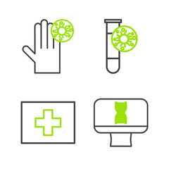 Set line DNA spiral and computer, First aid kit, Test tube with virus and Hand icon. Vector