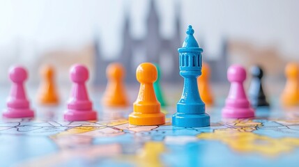 Narrative Towers, a board game where players explore a vibrant map, color-coded buildings unveil character arcs, guiding story progression through strategic choices.