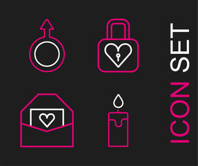 Set line Burning candle, Envelope with Valentine heart, Lock and Male gender symbol icon. Vector