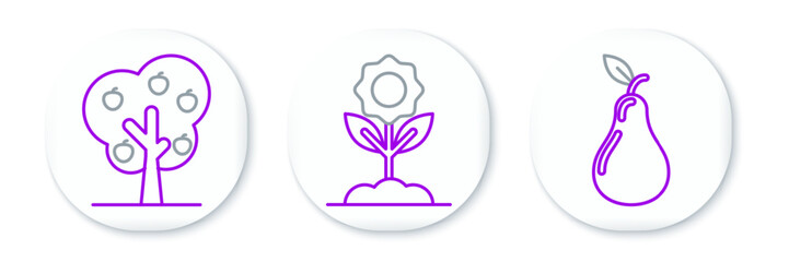 Set line Pear, Tree with apple and Flower icon. Vector