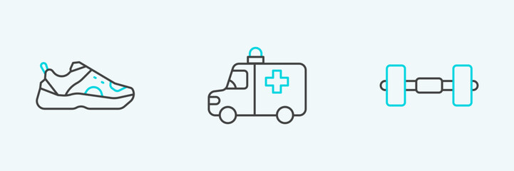 Set line Dumbbell, Sport sneakers and Ambulance and emergency car icon. Vector