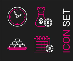 Set line Financial calendar, Gold bars, Money bag and coin and Clock icon. Vector