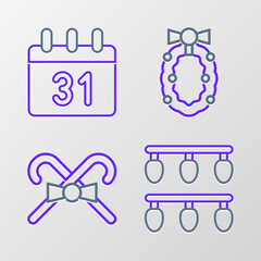 Set line Christmas lights, candy cane, wreath and Calendar icon. Vector