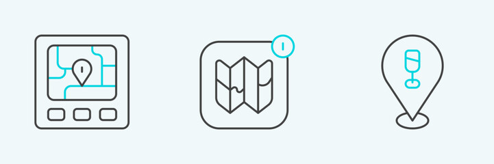 Set line Alcohol or beer bar location, Gps device with map and Infographic of city icon. Vector