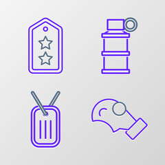 Set line Gas mask, Military dog tag, Hand smoke grenade and rank icon. Vector