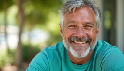A joyful older man with a distinguished gray beard and bright smile radiates warmth and positivity against a lush green background. His relaxed demeanor and vibrant turquoise shirt create an inviting