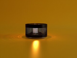 Modern black cylindrical lighting fixture glowing with warm light against a yellow backdrop