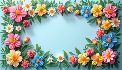 A stunning arrangement of vibrant flowers in pink, yellow, and blue creates a lively frame against a soft blue background. This delightful composition radiates joy and freshness, perfect for