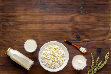 Protein food set with farm dairy products, top view. Milk and cottage cheese with sour cream