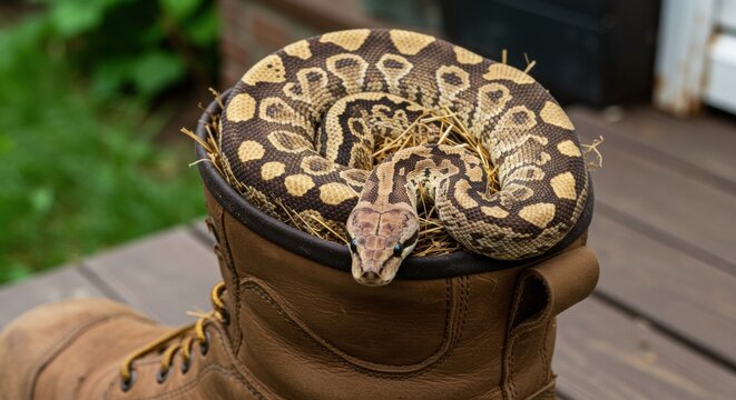 A python snake resting comfortably in a rugged brown boot filled with straw on a wooden deck - clown royal python