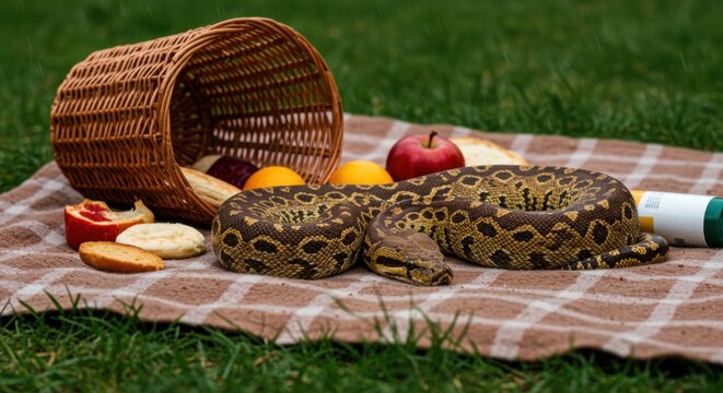 A large python resting on a picnic blanket surrounded by fruits and a tipped-over basket in a park - clown royal python