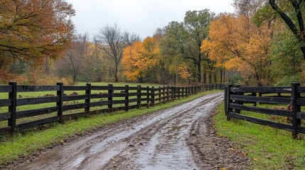 Fototapeta premium Autumn Path With Wooden Fence. Muddy Road With Fall Colors. Scenic Drive With Fall Foliage.