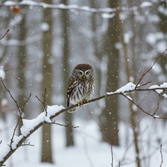 A small owl perches on a snowy branch, its eyes wide and alert, watching winter unfold around its forest home.