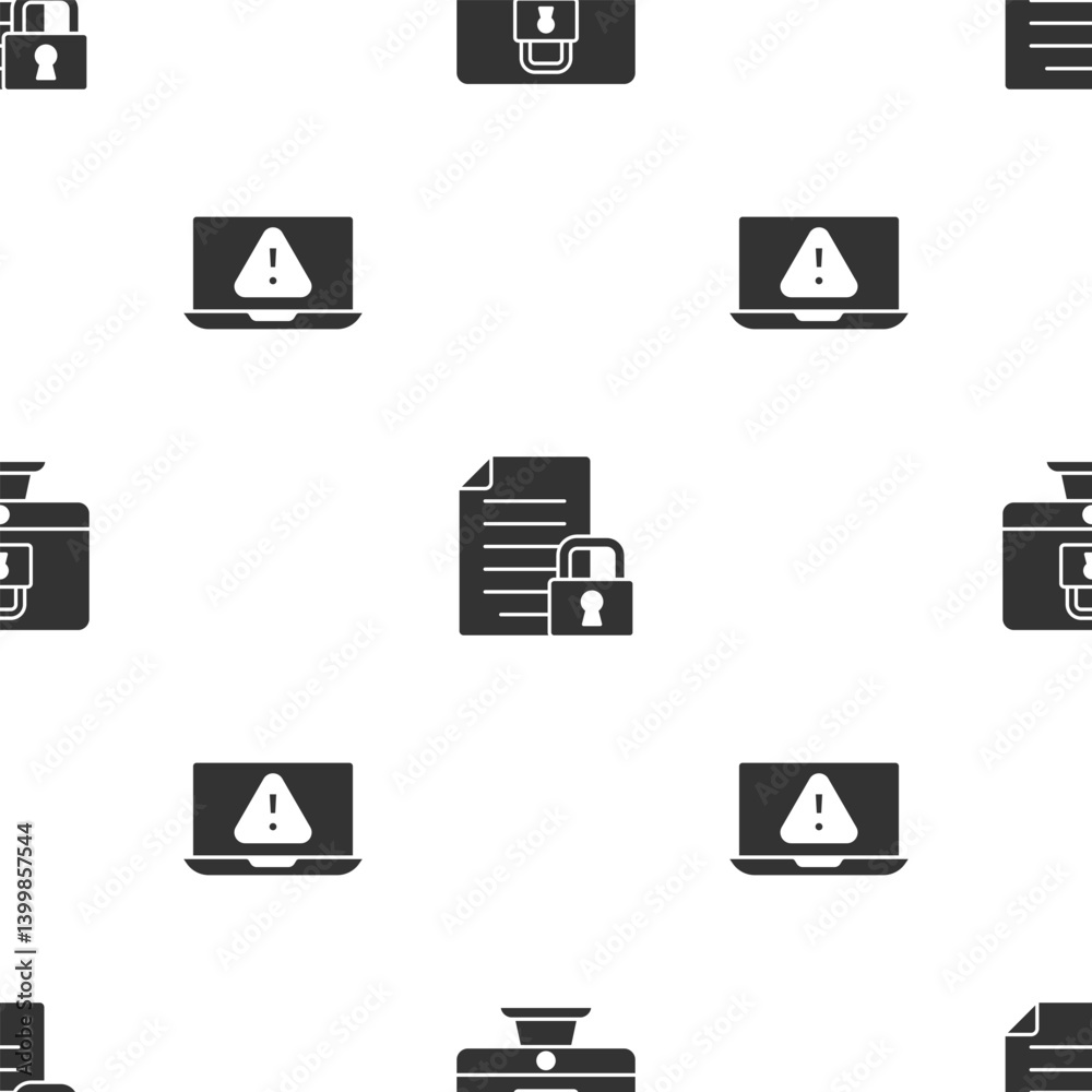 Poster set lock on monitor, document and lock and laptop with exclamation mark on seamless pattern. vector