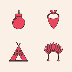 Set Indian headdress with feathers, Bomb ready to explode, Cowboy bandana and teepee or wigwam icon. Vector © Oksana
