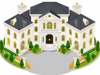 Luxurious cartoon mansion with a grand entrance, golden accents, and green landscaping