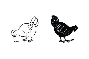 Chicken Illustration Set Line Art And Silhouette Style Farm Animals Design