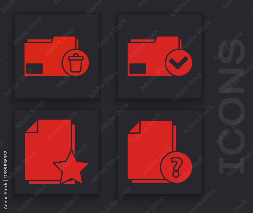 Poster set unknown document, delete folder, document folder and check mark and document with star icon. vec