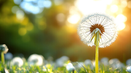 Fototapeta premium Dandelion in a Glowing Sunset Bokeh Field Background peace, inspiration, and the beauty of nature.