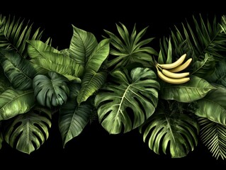 Lush green foliage with a banana bunch against a black background. Dense, vibrant tropical plant arrangement