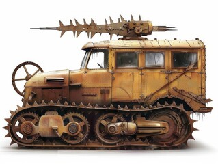 Armored, rusted vehicle with track system and sharp, spiked weaponry