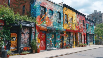 Naklejka premium Vibrant Graffiti Art Adorns A Row Of Buildings, Creating A Colorful Urban Streetscape.