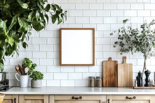 Modern kitchen with blank framed display - Powered by Adobe