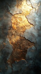 Fototapeta premium Textured Surface with Golden Cracks Against Dark Smoky Background Resembling Glowing Landform Abstract Artwork Phone Wallpaper Vertical 4K Mobile Background