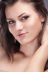 Obraz premium Extreme Closeup Beauty Portrait of Calm Sensual Caucasian Brunette Woman with Clean Skin for Facial Treatment, Cosmetology and Spa Concepts.