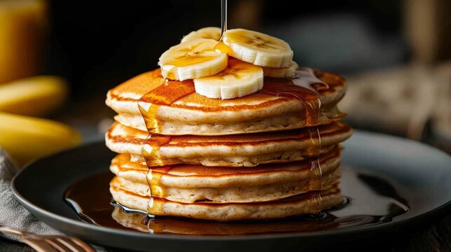 A stack of homemade oat pancakes with maple syrup, topped with banana slices,