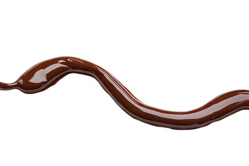 a smooth flowing line of rich chocolate syrup on a clean white background showcasing its glossy texture and inviting appearance perfect for culinary presentations or dessert decoration