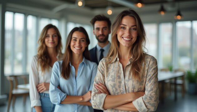 A diverse group of four professionals stands together in a bright, contemporary office, exuding confidence and camaraderie. Their warm smiles and relaxed postures create an inviting atmosphere