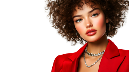 Fashionable Woman in Stylish Red Jacket and Necklaces - White Background Studio Shot