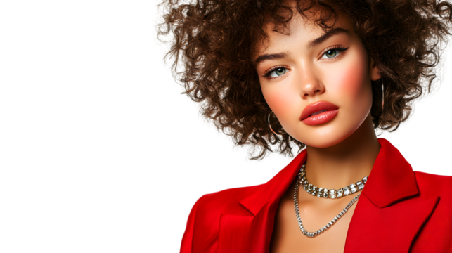 Fashionable Woman in Stylish Red Jacket and Necklaces - White Background Studio Shot - Powered by Adobe