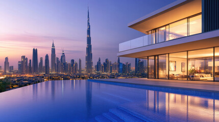 Spectacular twilight view features a modern infinity pool with stunning reflections, showcasing Dubai's iconic skyline and the Burj Khalifa. The warm glow from nearby buildings enhances the scene