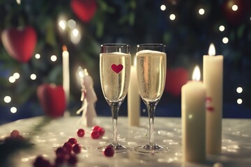 Celebration with champagne glasses, candles, and romantic decorations for a special occasion
