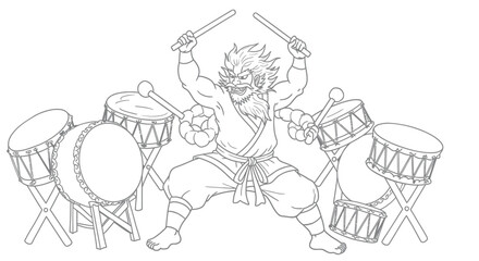 Coloring Page: Raijin, Japanese Thunder God with His Drums