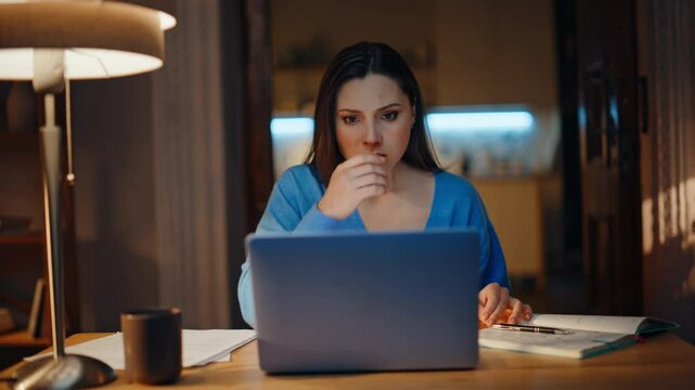 Hopelessness woman closing laptop sitting evening home feeling despair closeup.