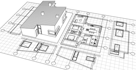  house sketch project facades plan 3d illustration