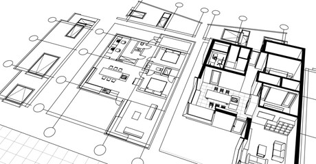  house sketch project facades plan 3d illustration