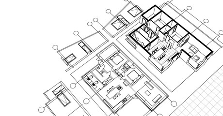  house sketch project facades plan 3d illustration